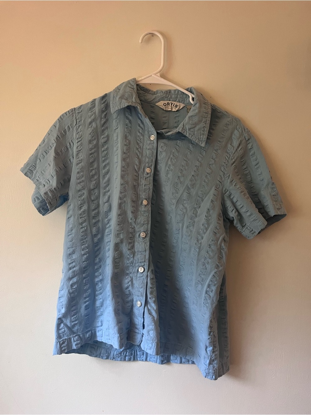Orvis Women’s Light Blue Patterned Fabric Short-Sleeve Button-Up Shirt Small